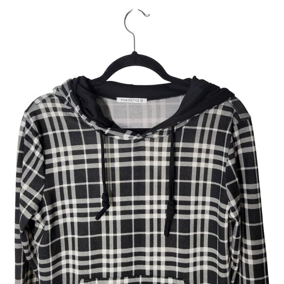 PINKMSTYLE Womens Sz M Black White Plaid Long Sleeve Hoodie Sweater - Picture 3 of 11